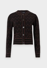 Cardigan noir à motif, avec des manches longues, des bords côtelés et cinq boutons noirs. Présente un design floral dans des tons bruns.