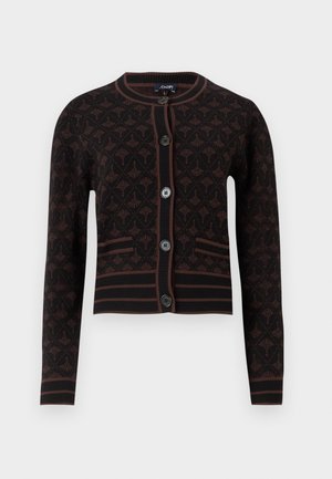 Cardigan noir à motif, avec des manches longues, des bords côtelés et cinq boutons noirs. Présente un design floral dans des tons bruns.