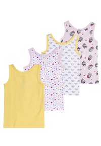 Set van vier tanktops: één effen geel, drie bedrukt met harten en eenhoorns. Kleuren zijn wit, roze en lichtpaars. Katoenen materiaal.