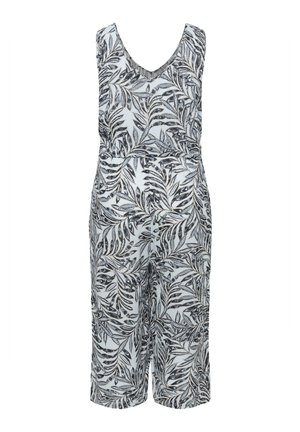 Kombinezon w kwiatowy wzór w kolorze białym i granatowym, bez rękawów, z dekoltem w kształcie litery V. Posiada dopasowaną talię i szerokie nogawki. Wykonany z lekkiego materiału.
