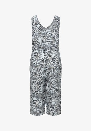 Blumenmuster-Overall in Weiß und Marineblau, ärmellos mit V-Ausschnitt. Mit tailliertem Bund und weitem Bein. Leichtes Material.