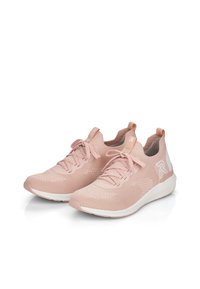 Pink athletic shoes with mesh upper, round toe, and white accents, featuring lace closure and a soft sole for comfort and support.