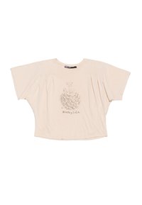 T-shirt in cotone beige a maniche corte con vestibilità ampia, caratterizzato da maniche a sbuffo e una stampa grafica floreale al centro con il nome del marchio sotto.