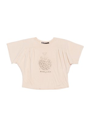 T-shirt in cotone beige a maniche corte con vestibilità ampia, caratterizzato da maniche a sbuffo e una stampa grafica floreale al centro con il nome del marchio sotto.