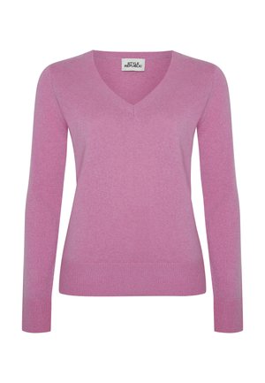 Zachte roze langwerpige V-hals trui met geribde manchetten en zoom, gepresenteerd op een effen witte achtergrond.