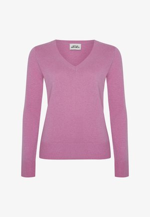 Zachte roze langwerpige V-hals trui met geribde manchetten en zoom, gepresenteerd op een effen witte achtergrond.