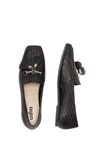 Sorte vævede loafers med firkantet tå, der har en dekorativ kvast og metalaccent på et læderbånd, samt en polstret indersål.