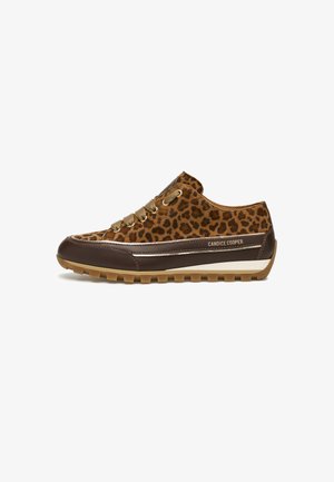 Leopard print sneaker with brown suede upper, contrasting brown leather accents, metal eyelets, and textured rubber sole for traction.