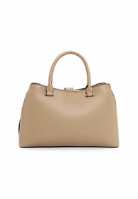 Sac à main en cuir beige avec un dessus arrondi, deux poignées courtes et des finitions noires contrastantes. Texture lisse avec des détails matériels minimaux.