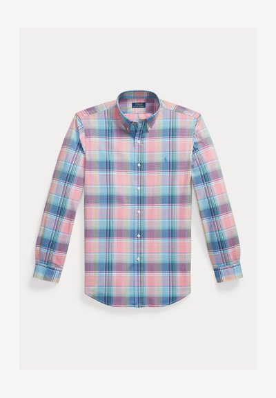 Cotton button-down shirt featuring a multicolored plaid pattern with pink, blue, and green hues. Includes a spread collar and long sleeves.