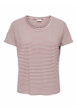 Striped t-shirt featuring a round neckline, short sleeves, and a straight cut. Colors include white and burgundy in horizontal stripes.