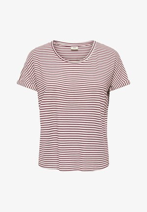 Striped t-shirt featuring a round neckline, short sleeves, and a straight cut. Colors include white and burgundy in horizontal stripes.