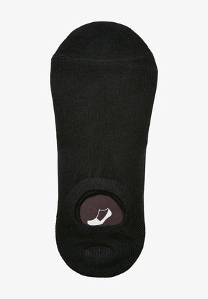 Musta sukka, jossa on sileä pinta, matala muotoilu ja vahvistettu kantapää. Sisällä on pieni valkoinen kuvasto painettuna ruskealle taustalle.