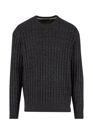 Sweter robiony na drutach w ciemnoszarym kolorze z teksturowanym wzorem, z ribbowanym okrągłym dekoltem i mankietami. Wykonany z miękkiego materiału dla zapewnienia komfortu.