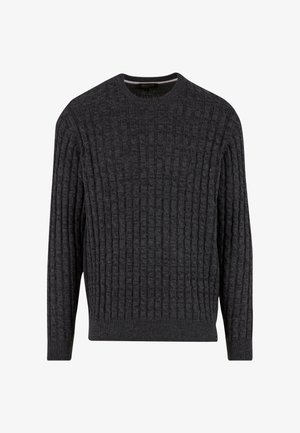 Fonott sötétszürke pulóver textúrált mintával, bordás kerek nyakkivágással és mandzsettákkal. Puha anyagból készült a kényelem érdekében.