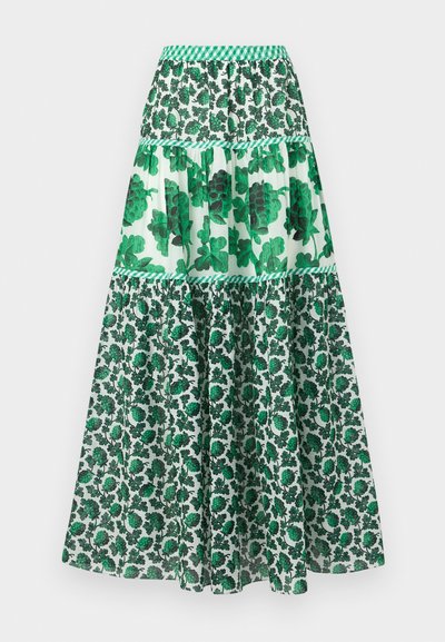 Πράσινη μακριά φούστα με σχέδιο, διαθέτει ελαστική μέση. Περιλαμβάνει tiered σχέδιο με λουλουδάτα μοτίβα και διάφορες αποχρώσεις του πράσινου.