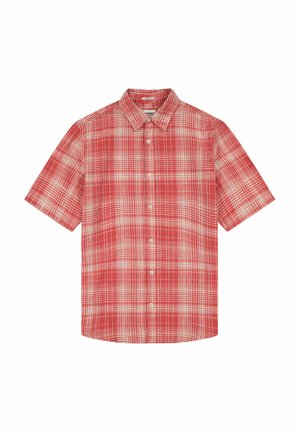 Camicia a maniche corte con bottoni in fantasia a quadri rossa e bianca. Presenta un colletto classico e cinque bottoni frontali con una tasca sul lato sinistro.