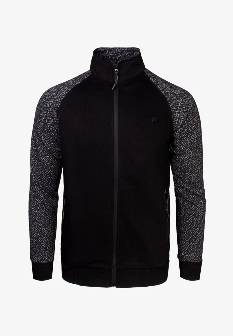 Chaqueta negra con cremallera y mangas de un patrón gris texturizado. Cuenta con bolsillos laterales y un cuello alto. Fabricada en una tela suave.