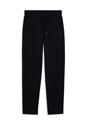 Pantalons de jogging noirs en tissu doux, avec une taille élastique à cordon de serrage, des poches latérales et un petit logo brodé sur la cuisse gauche.