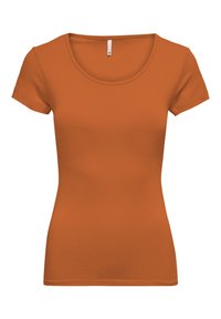 Short-sleeve top in a vibrant orange hue, featuring a round neckline and a fitted silhouette, made from soft, stretchy cotton fabric.
