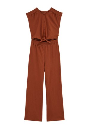 Rustfarvet ærmeløs jumpsuit med knaplukning foran, bindebånd i taljen og bukser med vide ben, lavet af tekstureret stof.