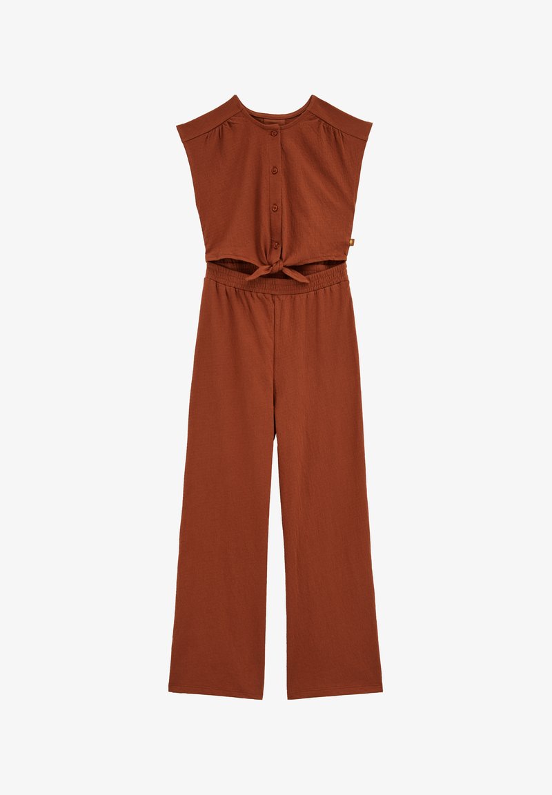 Combinaison sans manches de couleur rouille avec devant boutonné, détail de ceinture nouée et pantalon à jambes larges, en tissu texturé.