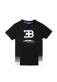 T-Shirt in cotone nero con un grande logo argento "EB" e un contorno di auto. Motivo a scacchi bianco lungo l'orlo inferiore per un tocco di stile.