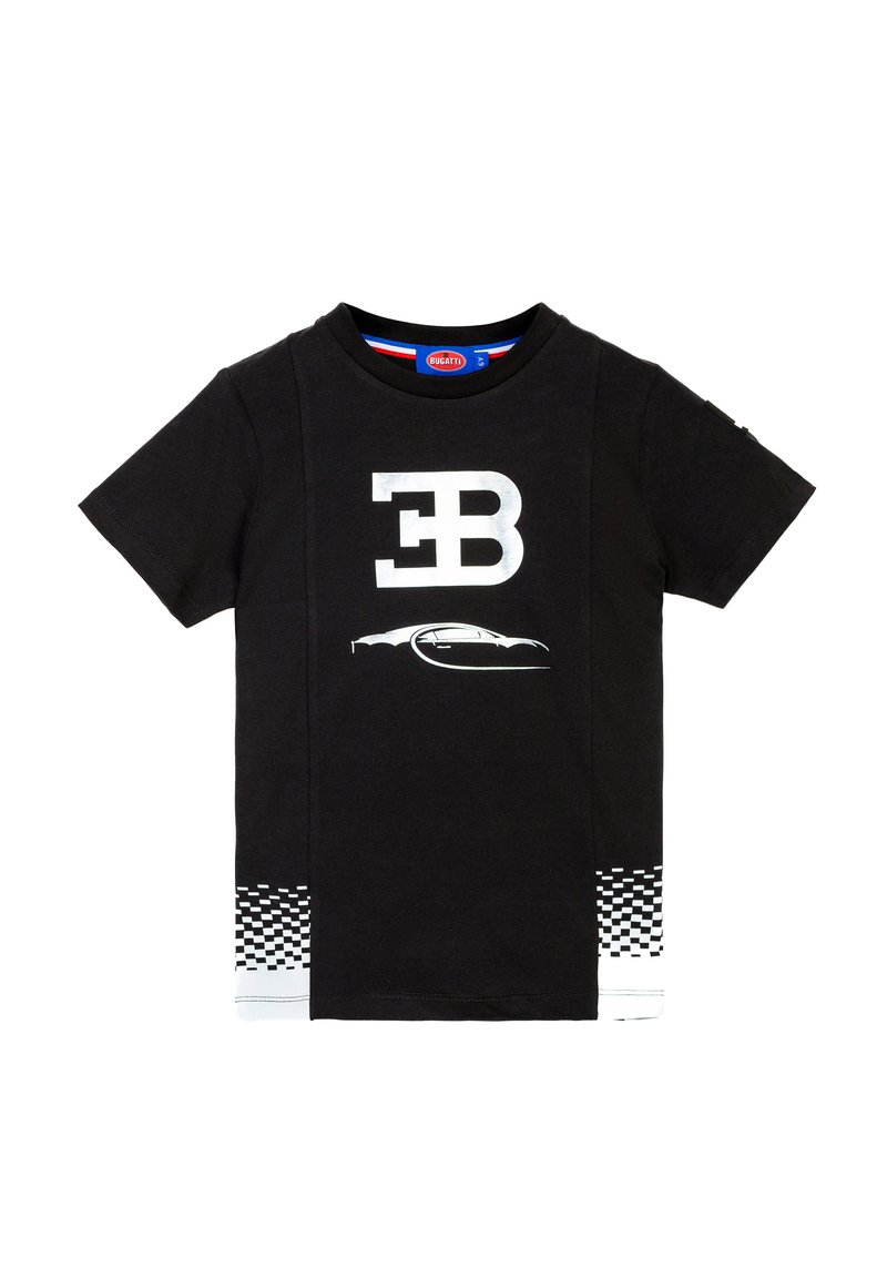 T-Shirt in cotone nero con un grande logo argento "EB" e un contorno di auto. Motivo a scacchi bianco lungo l'orlo inferiore per un tocco di stile.
