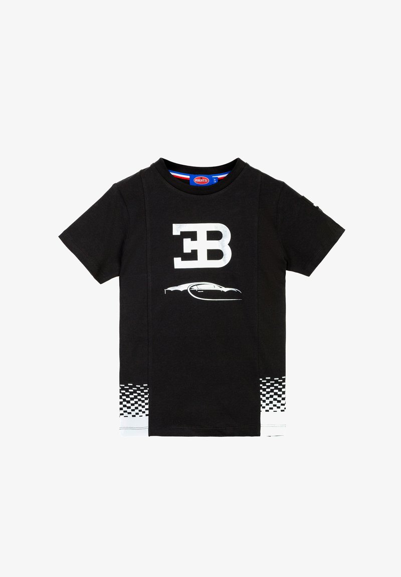 T-Shirt in cotone nero con un grande logo argento "EB" e un contorno di auto. Motivo a scacchi bianco lungo l'orlo inferiore per un tocco di stile.