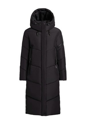 Črna pufasta jakna z dolgo silhueto, kapuco, žepi na zadrgo in horizontalnim prešitim vzorcem. Ima nastavljive vrvi in zapiranje na gumb.