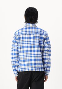 Blauw-wit geblokte flanellen jas met een kraag en lange mouwen, met contrasterende ruitpatronen en een losse pasvorm.