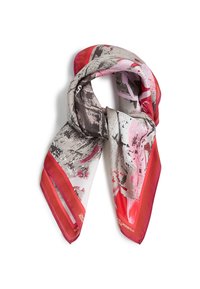 Zīda šalle ar abstraktu rakstu sarkanā, rozā un pelēkā krāsā. Iekļauj cietu sarkanu malu. Gluda tekstūra, viegla, trīsstūra forma.