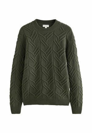Knit sweater in dark green with raised, intertwining leaf-pattern design, crew neck, and ribbed cuffs and hem. Soft texture.