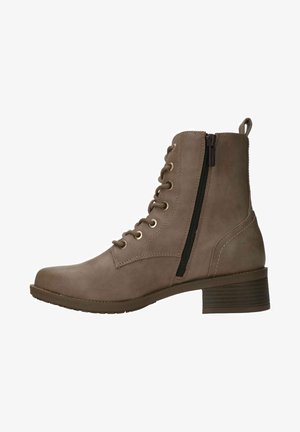 Brown faux leather ankle boot with lace-up and side zip closure, low block heel, and textured finish. Features gold-tone eyelets.