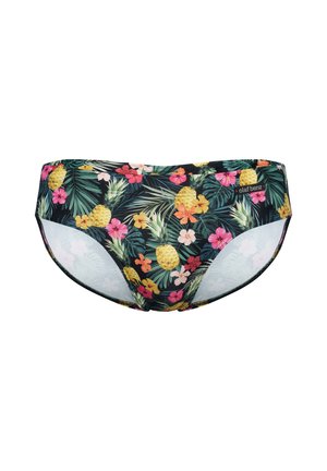 Herren-Schwimmbriefs mit tropischem Druck, der Ananas, grüne Blätter sowie pinke, orange und gelbe Blumen zeigt, mit dem Aufdruck "olaf benz".