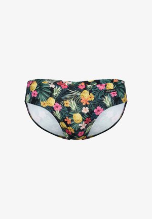Herre svømmeunderbukser med tropisk print med ananas, grønne blade og blomster i lyserød, orange og gul, mærket "olaf benz".