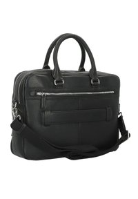 Zwarte leren aktetas met een gestructureerde afwerking, dubbele bovenhandvaten, verstelbare schouderband, voorvak met rits en een minimalistisch ontwerp.