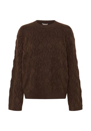 Brown knit sweater featuring a cable pattern, round neckline, and long sleeves, made from soft material with a slightly textured finish.