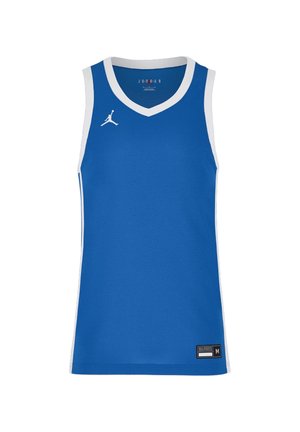 Niebieska koszulką do koszykówki bez rękawów z białym wykończeniem, logo Jumpman na piersi i metką rozmiaru M na dolnej krawędzi.