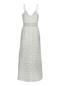 Weißes Spitzen-Midikleid mit zartem Blumenmuster, verstellbaren Trägern, geschwungenem Ausschnitt und betontem Taillenschnitt. Design mit vollem Rock.