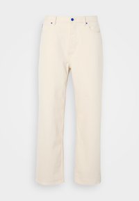 Pantalon en jean beige épais avec une coupe droite, présentant des boutons bleus en guise d'accents et des poches traditionnelles, affiché sur fond blanc.