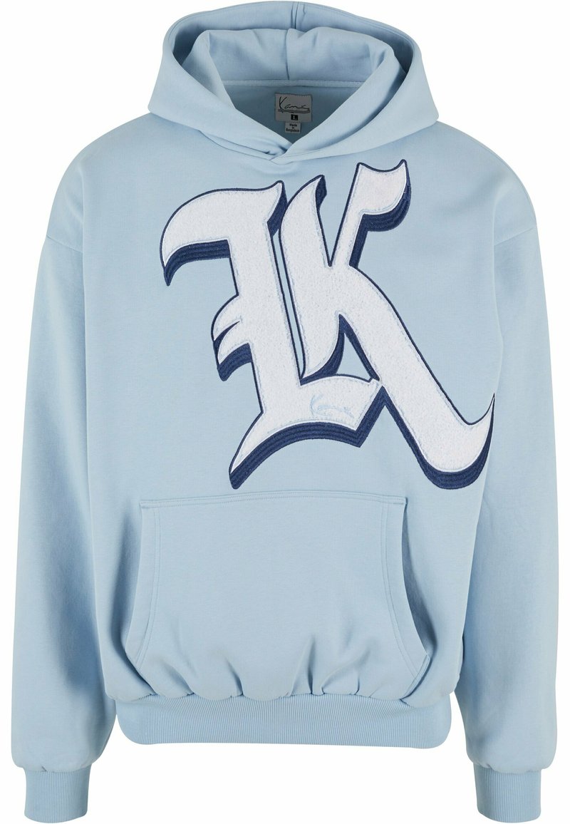 Light blue hoodie with a large white and navy embroidered “K” logo, kangaroo pocket, ribbed cuffs, and waistband. Soft fabric texture.