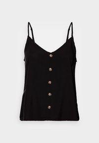 Camisole noire avec des bretelles fines, décolleté en V, et une rangée de six boutons argentés sur le devant. Tissu doux avec une coupe décontractée.