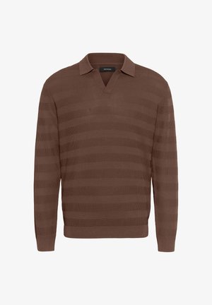 Pruun kootud sviiter polo-krae ja horisontaalsete triipudega. Kangas on tekstuuriga viimistlusega ning ribakujulised varrukaotsad ja äär.