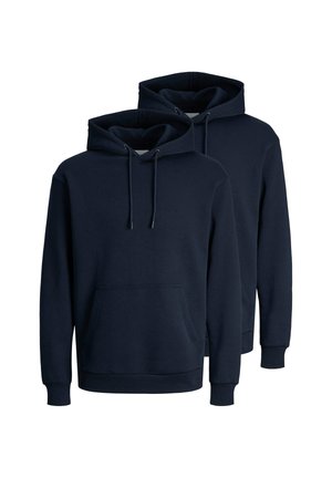 Zwei schlichte schwarze Kapuzenpullover mit vorderen Kängurutaschen und Kordelzügen, dargestellt vor weißem Hintergrund.