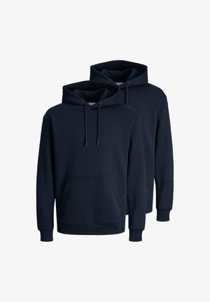Due felpe con cappuccio nere semplici con tasche a marsupio frontali e coulisse, esposte su sfondo bianco.
