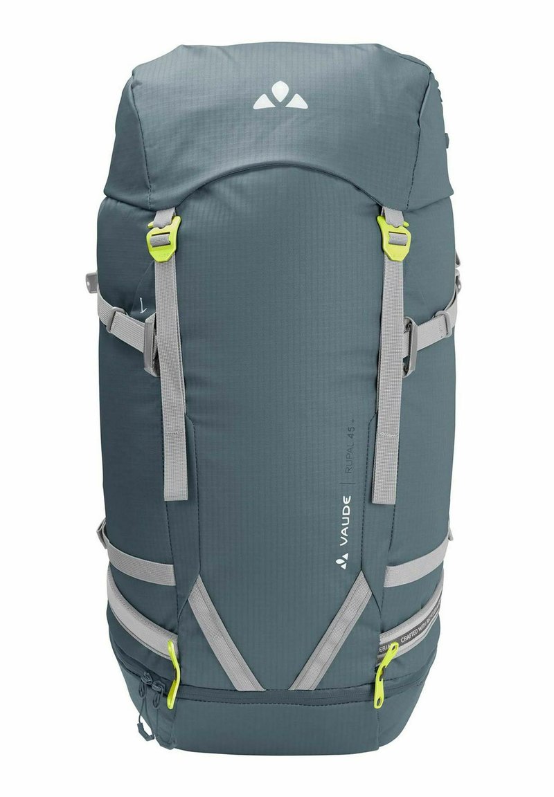 Zaino grigio con finitura texture, dotato di spallacci regolabili grigi, dettagli gialli vivaci e un compartimento con zip alla base.