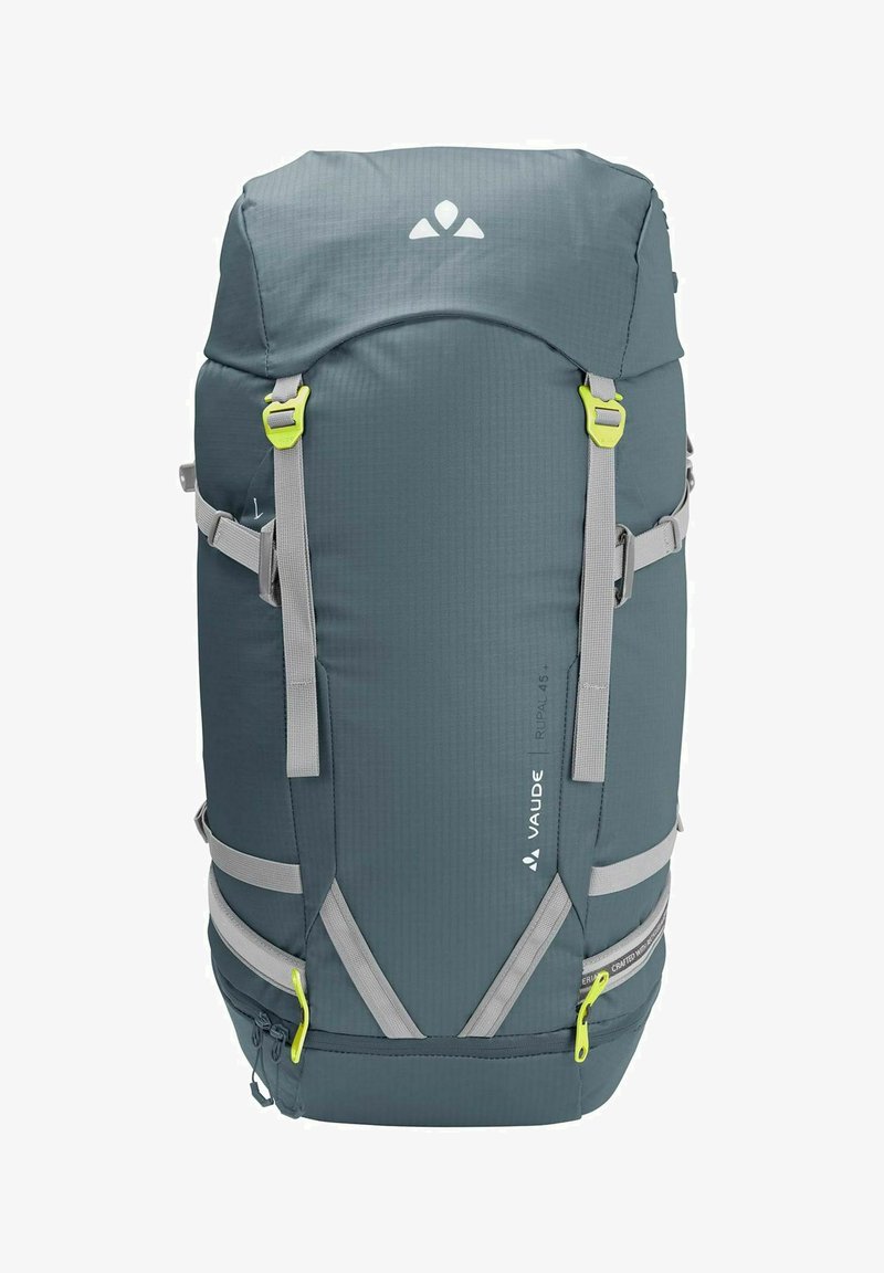Zaino grigio con finitura texture, dotato di spallacci regolabili grigi, dettagli gialli vivaci e un compartimento con zip alla base.