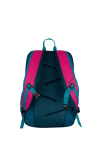 Otroškan nahrbtnik v modri in roza barvi s podloženim, dihljivim hrbtnim panrom in nastavljivimi trakovi, prikazan zadaj.