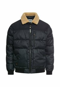 Pufjakke i mørkegrå med en tekstureret finish, der har en tan-farvet faux fur krave, lynlås lukning og ribbetrukne manchetter. Inkluderer en brystlomme.